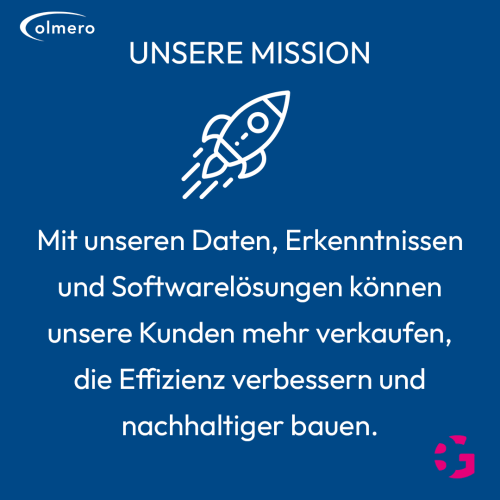 Grafik von Olmero mit dem Titel 'NOTRE MISSION', die eine Rakete zeigt und die Mission des Unternehmens beschreibt: Durch die Nutzung einzigartiger Daten, Kenntnisse und Softwarelösungen können Kunden im Bausektor ihre Verkaufszahlen steigern, die Effizienz verbessern und nachhaltiger bauen